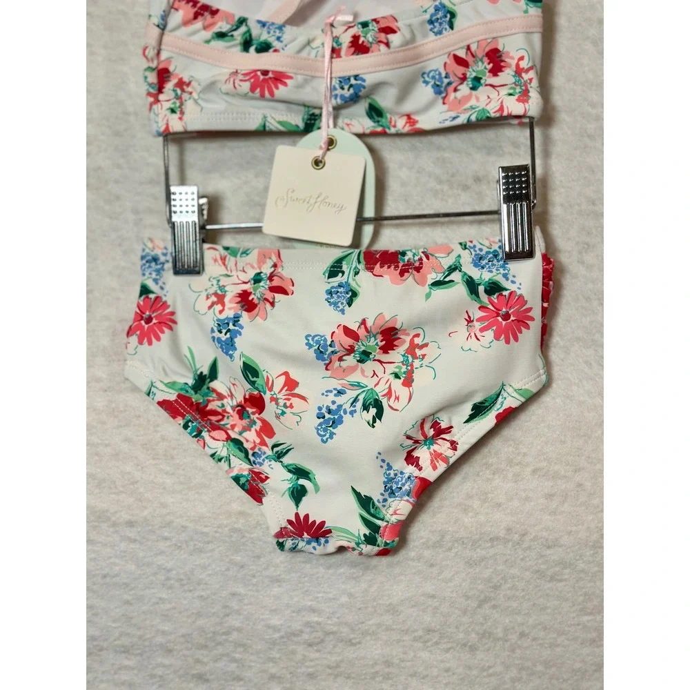 SweetHoney Girls Floral Ruffle Two Piece Swimsuit Bikini Set Red White Blue 3T